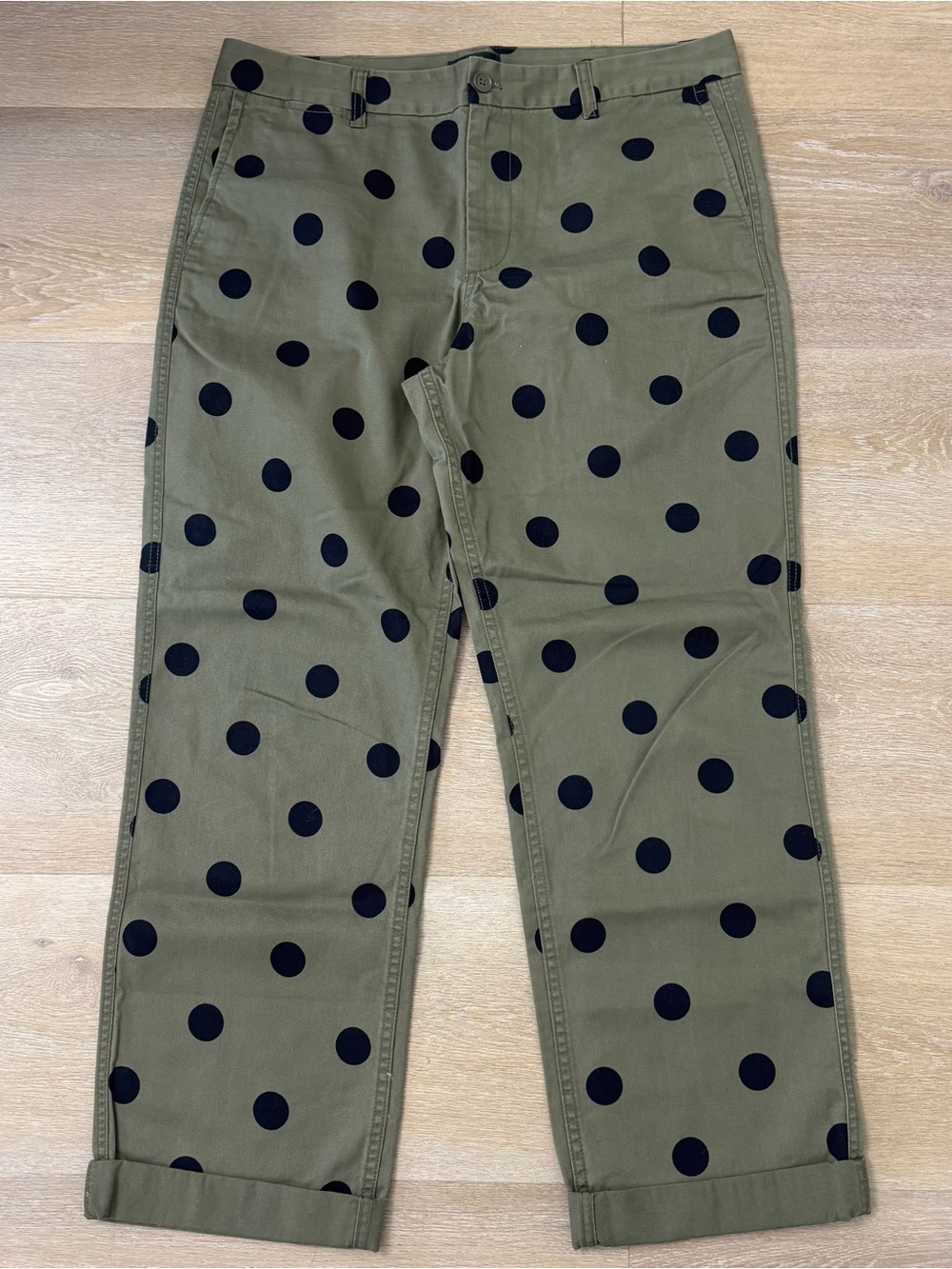 J Crew Olive Green Polka Dot Pants with Black Dots - Picture 2 of 9
